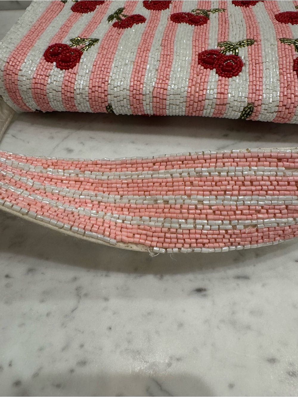 🍒Handcrafted in India Viral Beaded Cherry Shoulder Bag Cherries Pink Striped - Picture 8 of 13